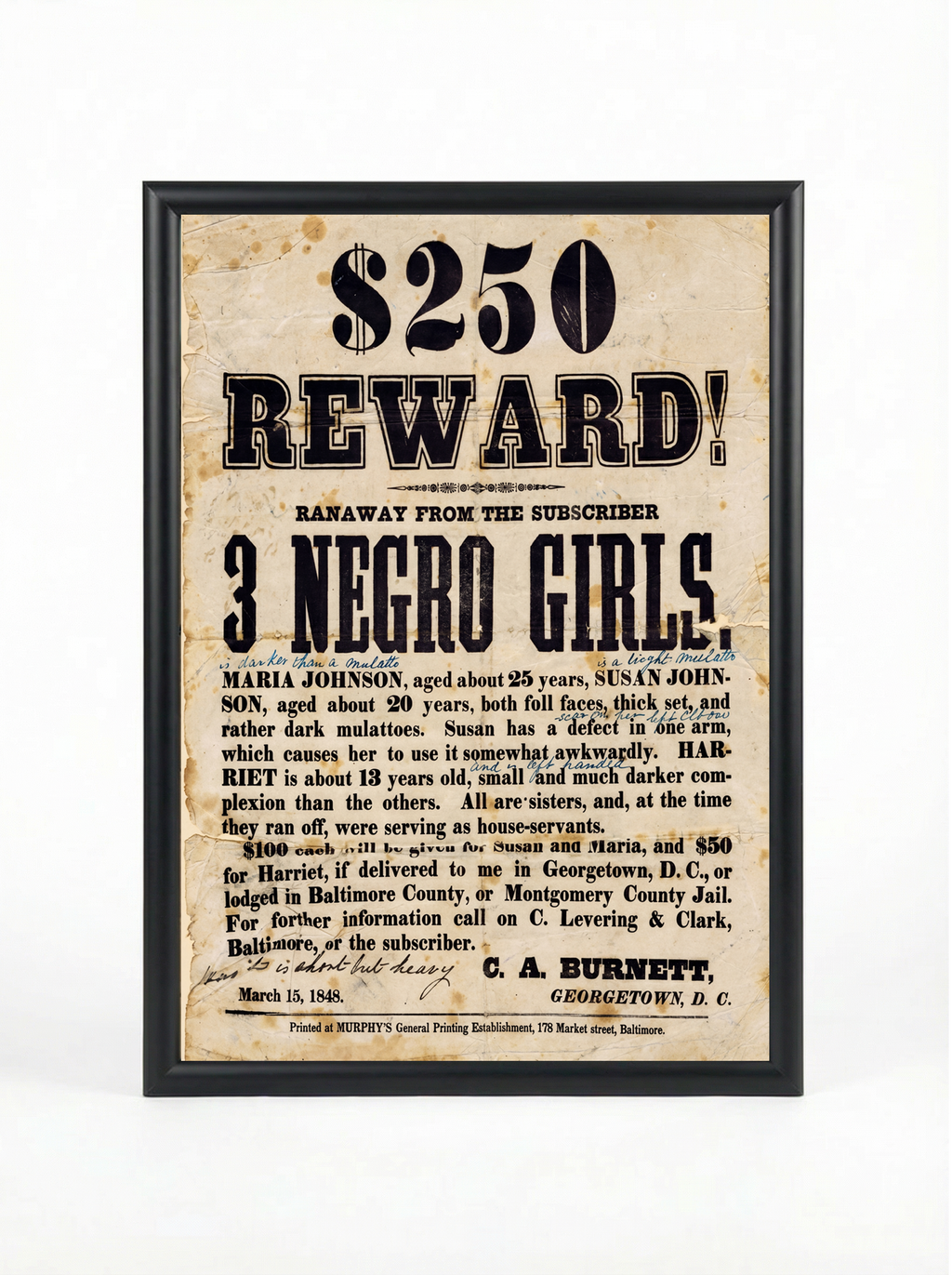$250 Reward Poster — 1848 Fugitive Slave Broadside (Georgetown, D.C.)