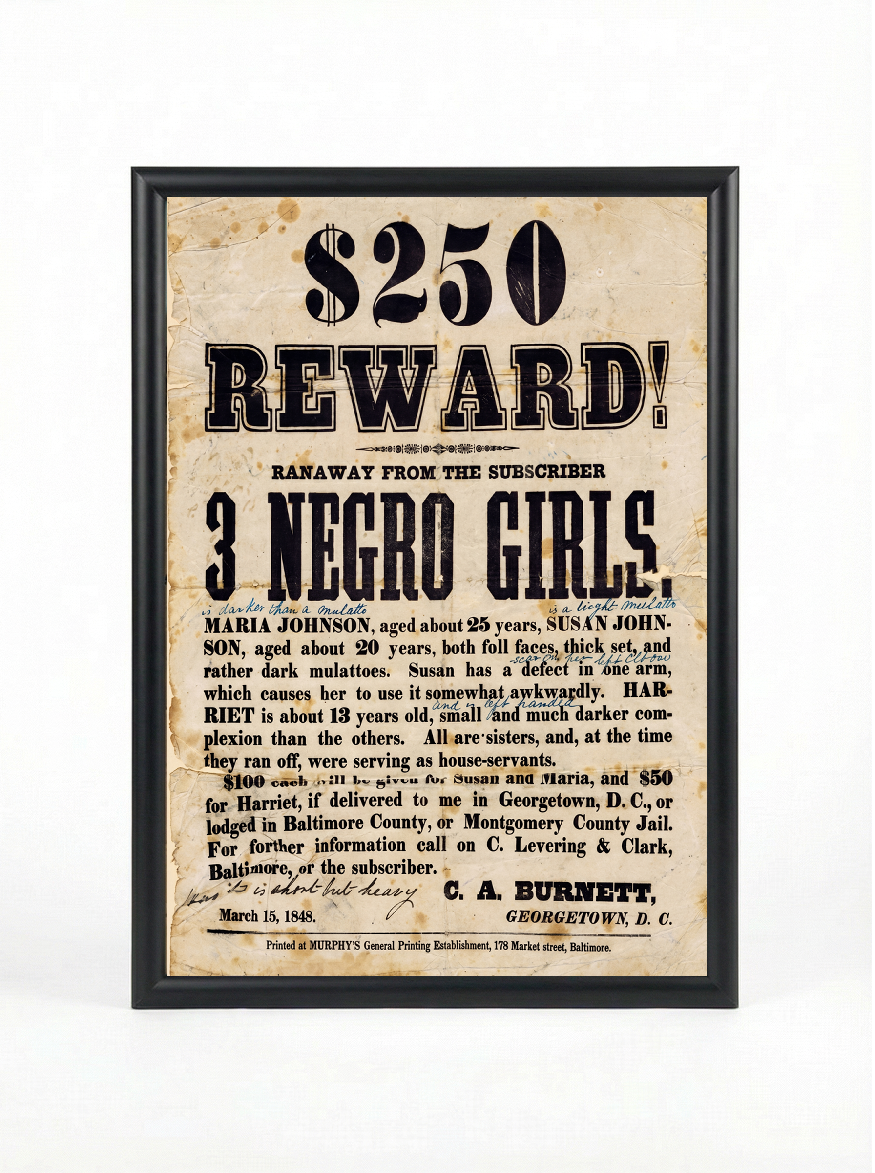 $250 Reward Poster — 1848 Fugitive Slave Broadside (Georgetown, D.C.)