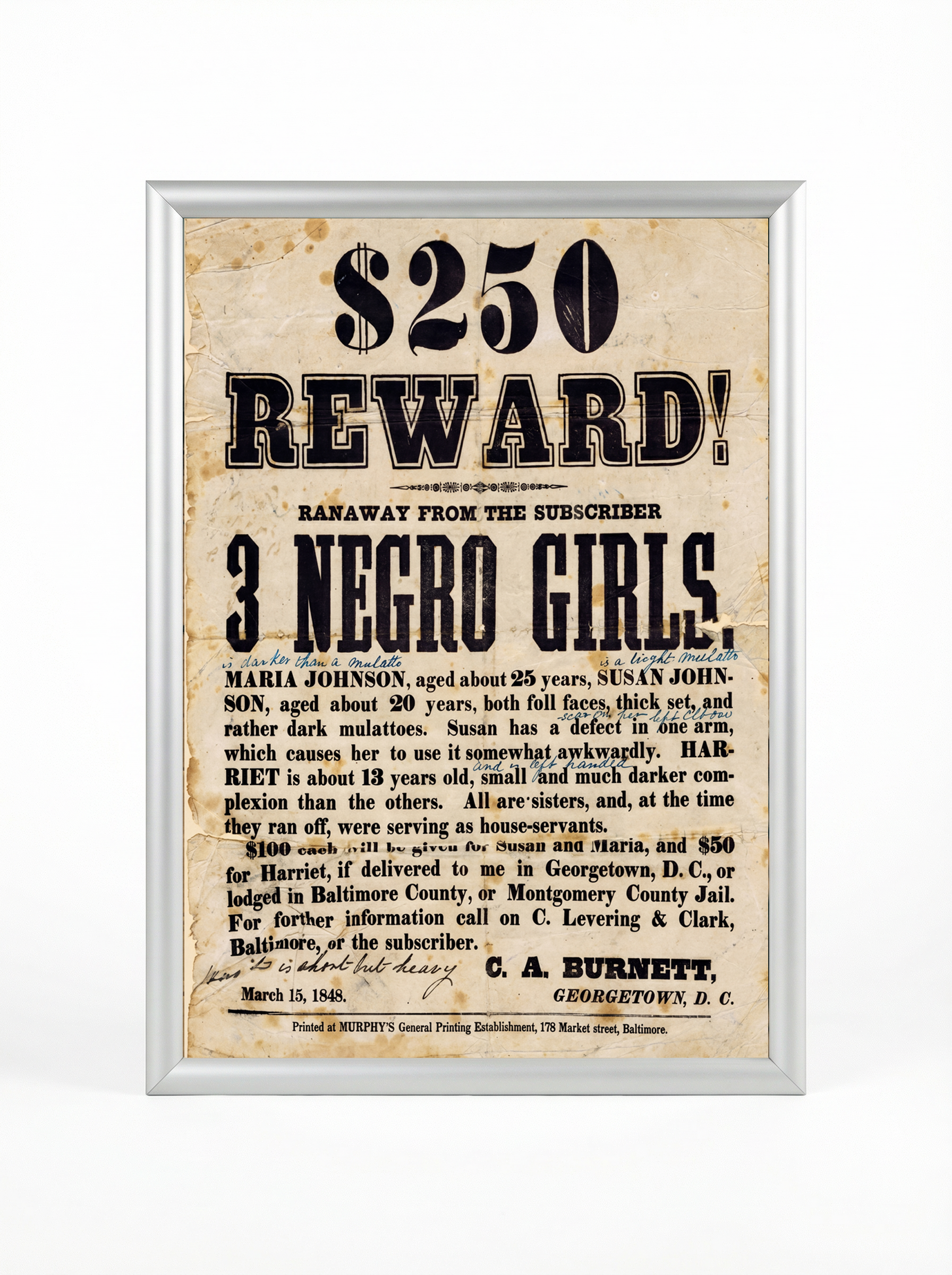 $250 Reward Poster — 1848 Fugitive Slave Broadside (Georgetown, D.C.)
