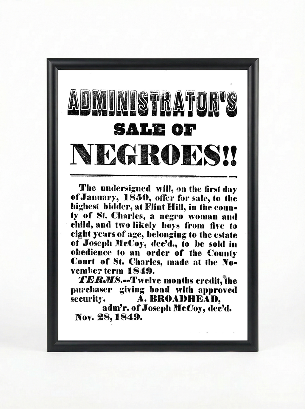 Administrator's Sale of Negroes: Estate Auction 1849
