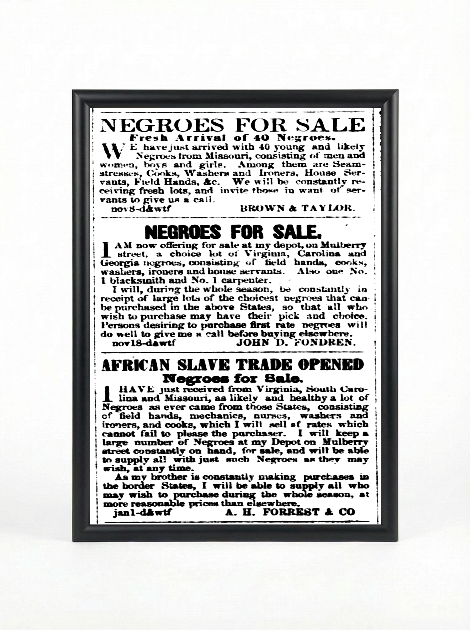 African Slave Trade Opened: Multiple Slave Dealer Ads