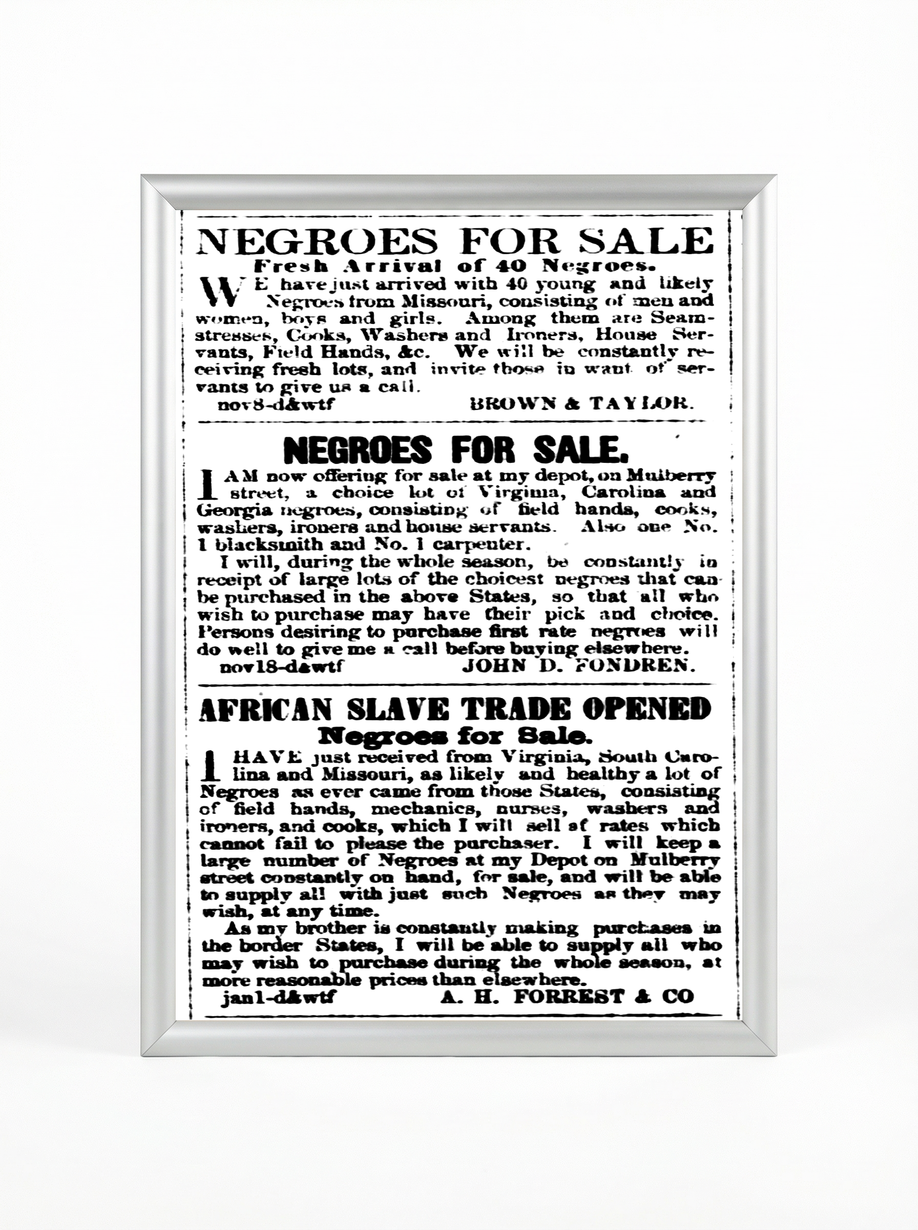 African Slave Trade Opened: Multiple Slave Dealer Ads
