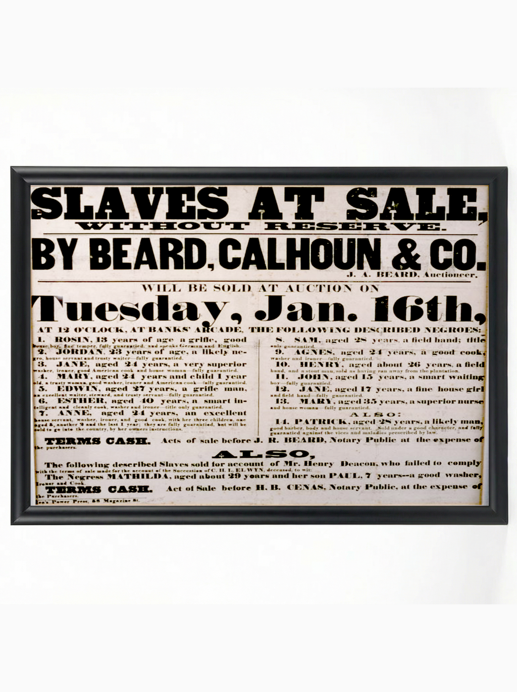 Slaves at Sale: Beard, Calhoun & Co. January 16th Auction