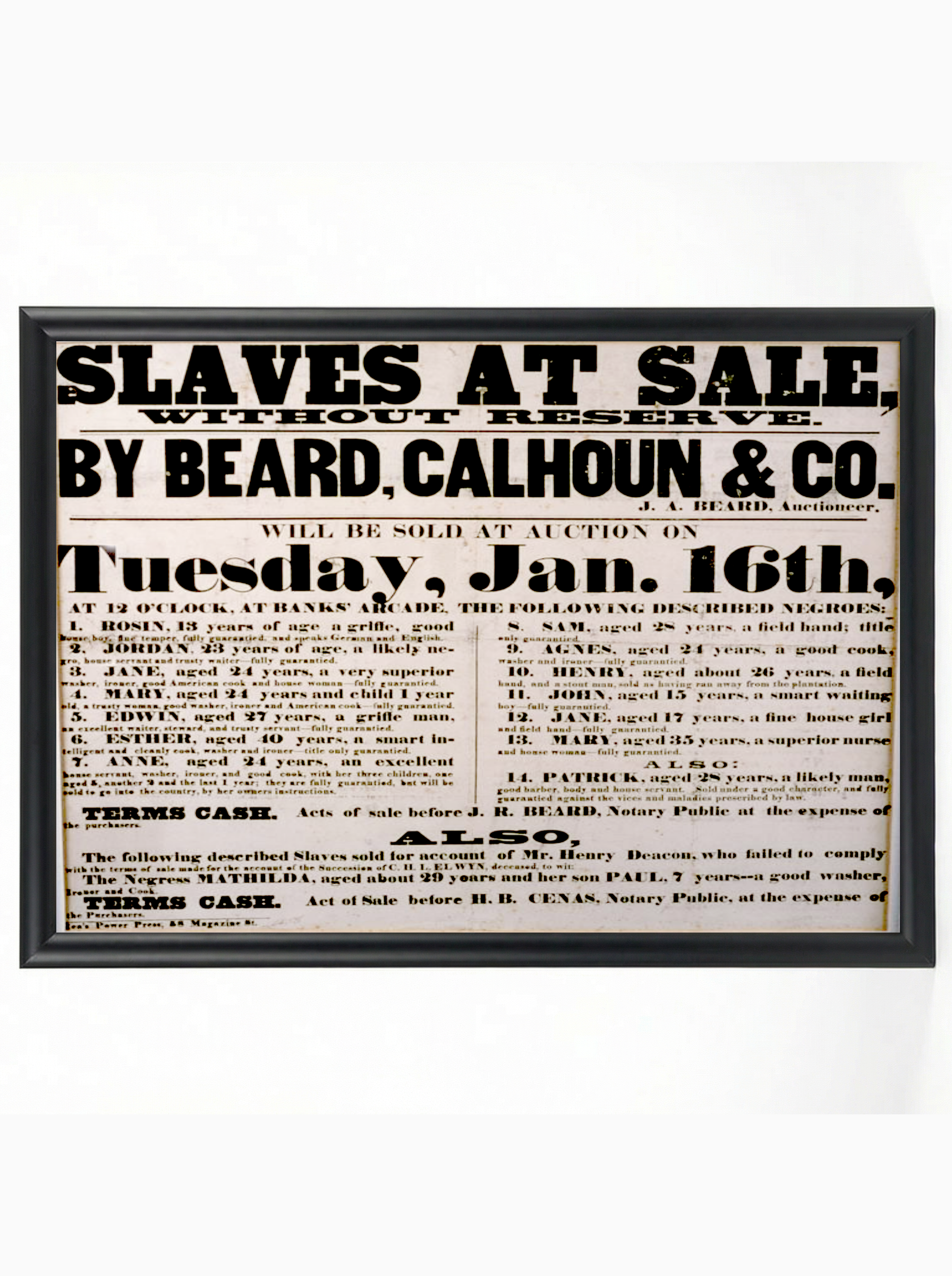 Slaves at Sale: Beard, Calhoun & Co. January 16th Auction