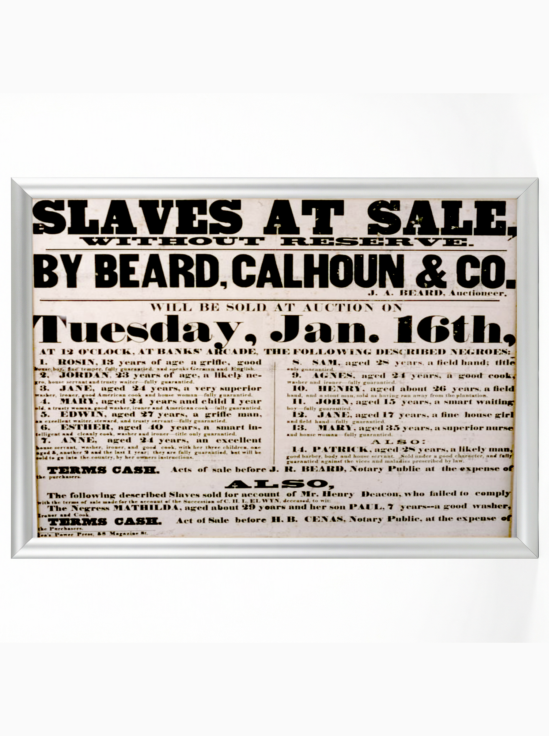 Slaves at Sale: Beard, Calhoun & Co. January 16th Auction