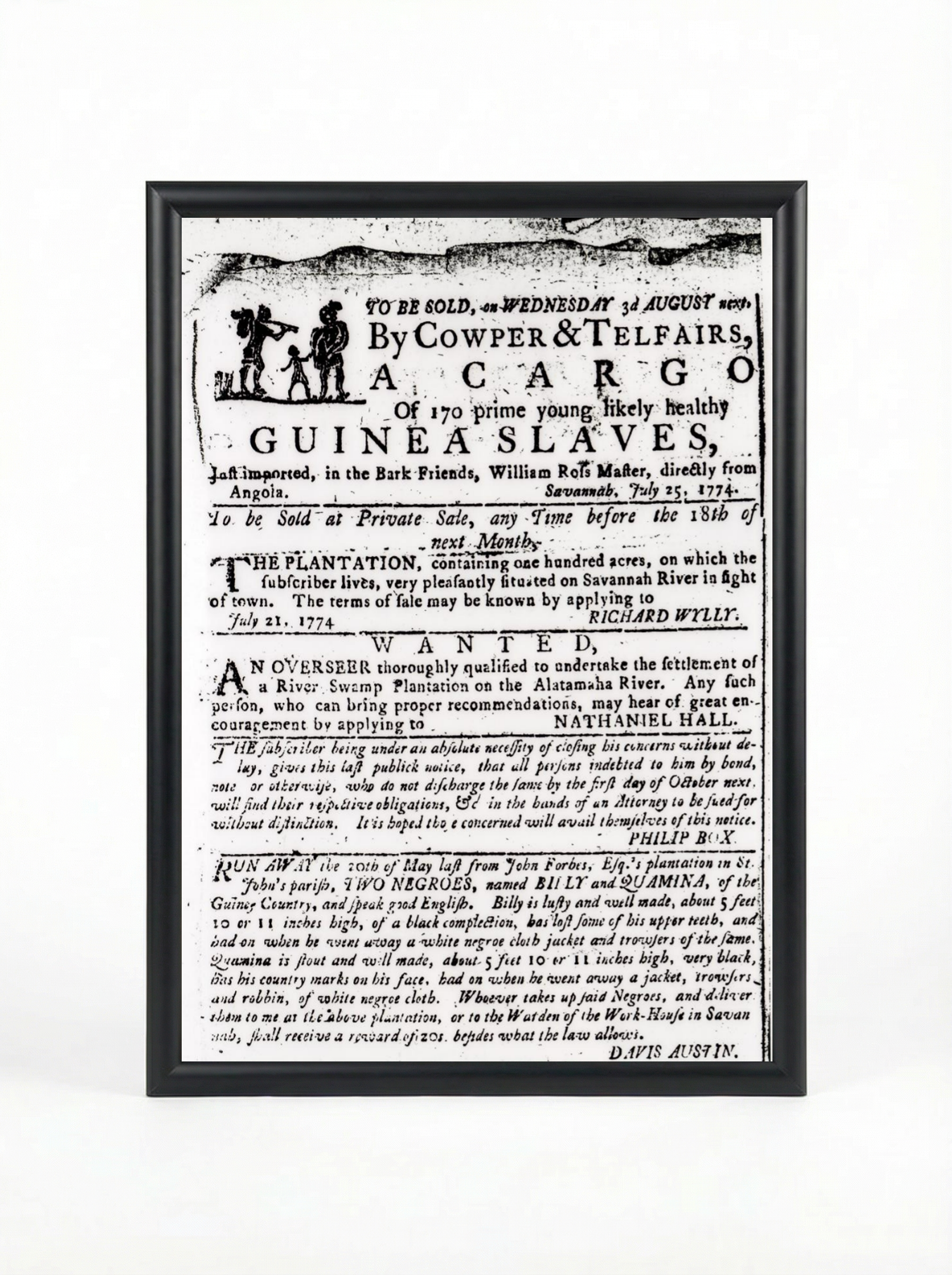 Guinea Slaves: Cargo of 170 from Savannah 1774