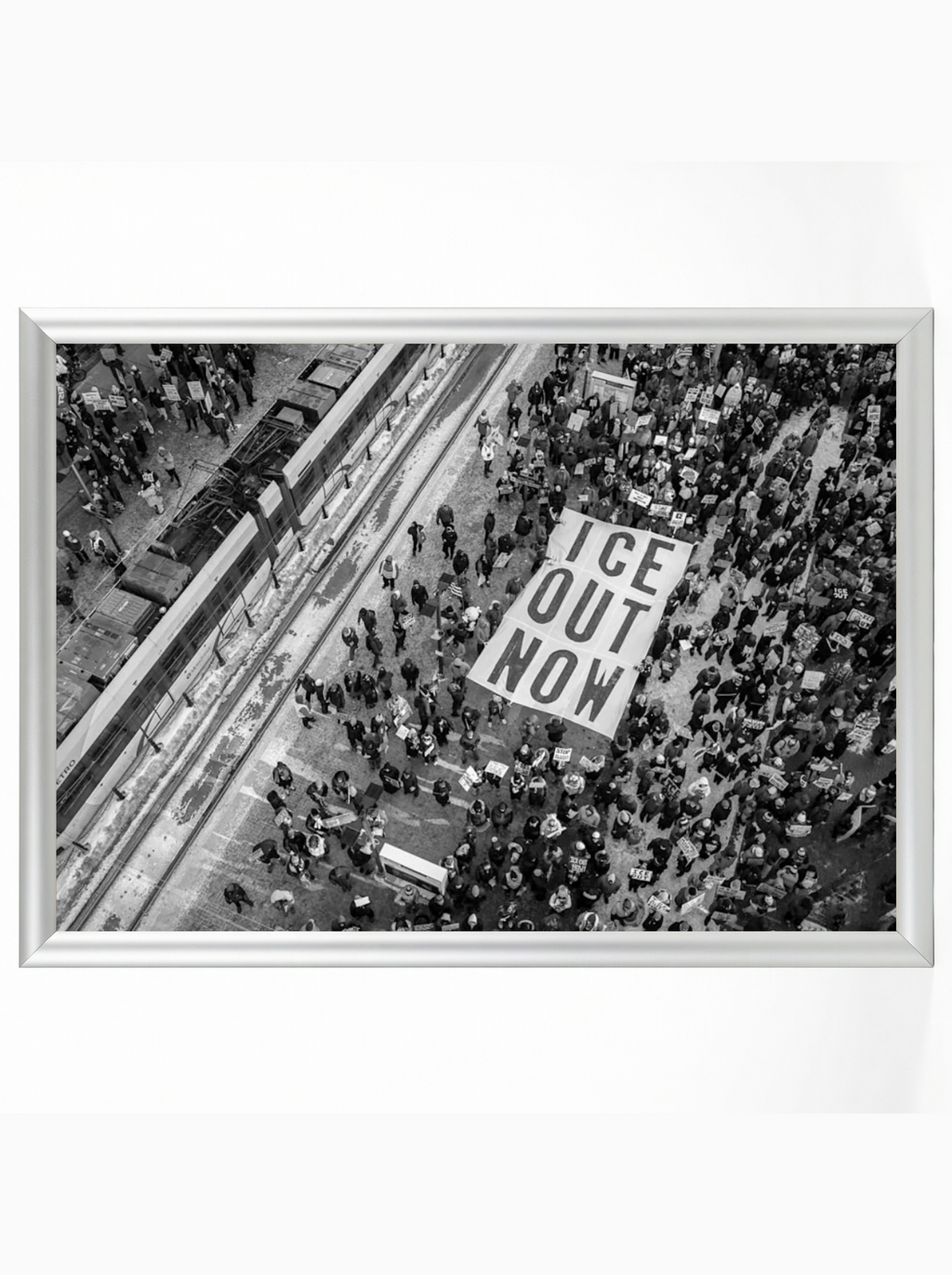 ICE OUT NOW Aerial Protest: Black and White