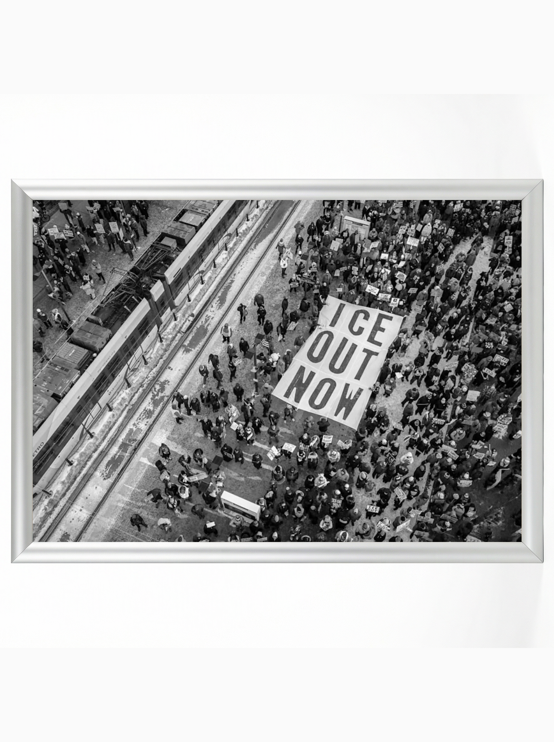 ICE OUT NOW Aerial Protest: Black and White
