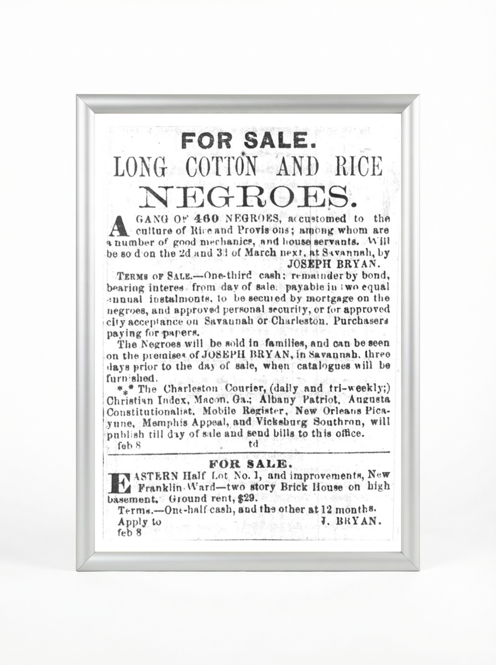 Gang of 460 Negroes: Long Cotton and Rice Plantation Sale