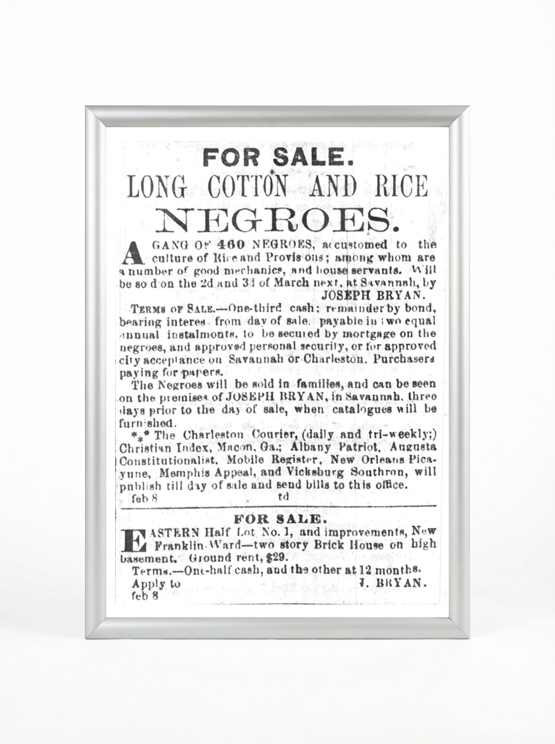 Gang of 460 Negroes: Long Cotton and Rice Plantation Sale