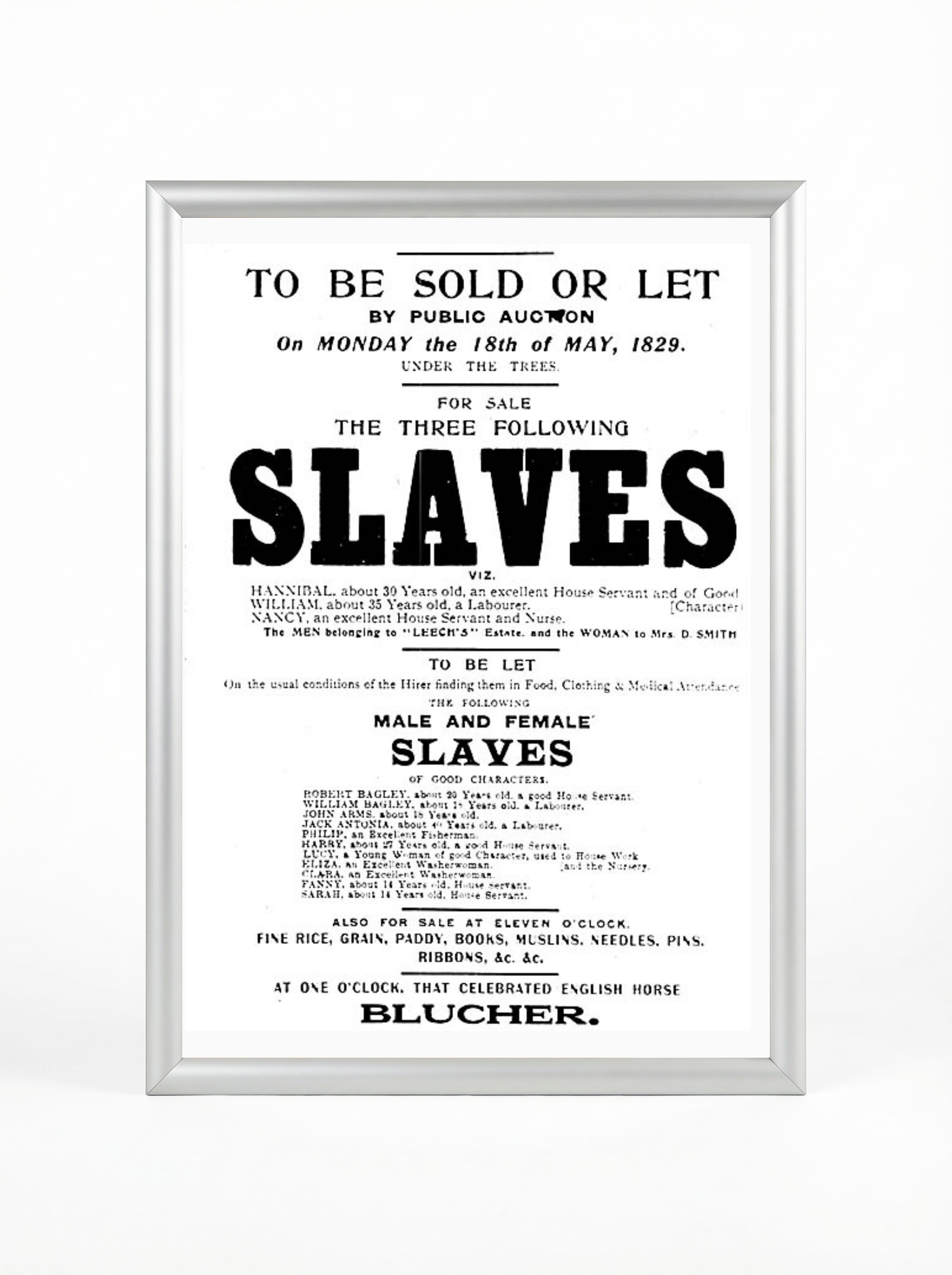 1829 Slave Auction Broadside - To Be Sold or Let Historical Poster