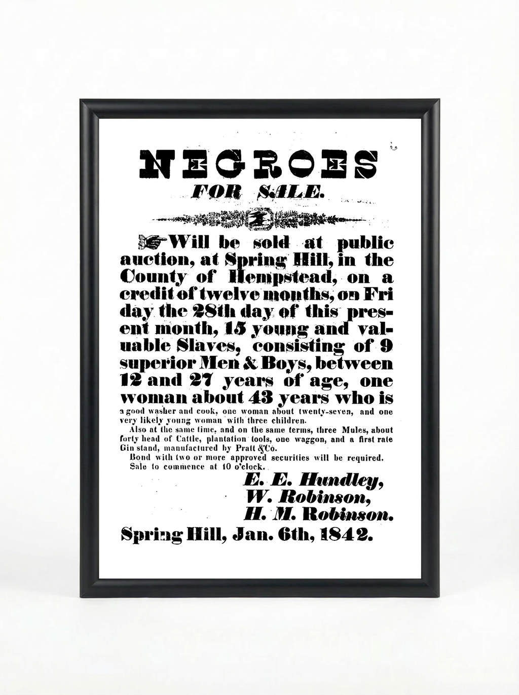 Spring Hill 1842 - Negroes for Sale Auction Broadside Historical Poster