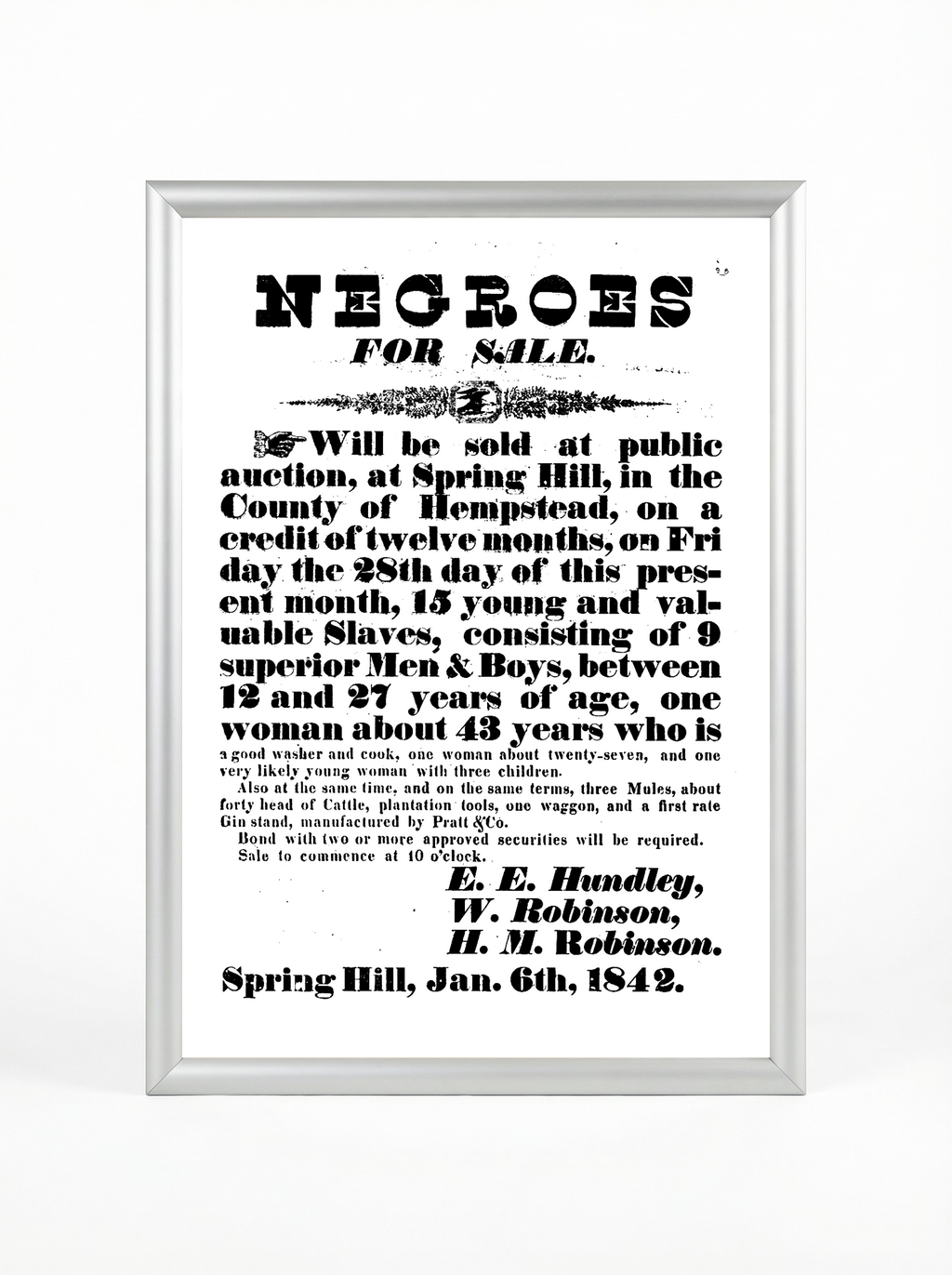 Spring Hill 1842 - Negroes for Sale Auction Broadside Historical Poster