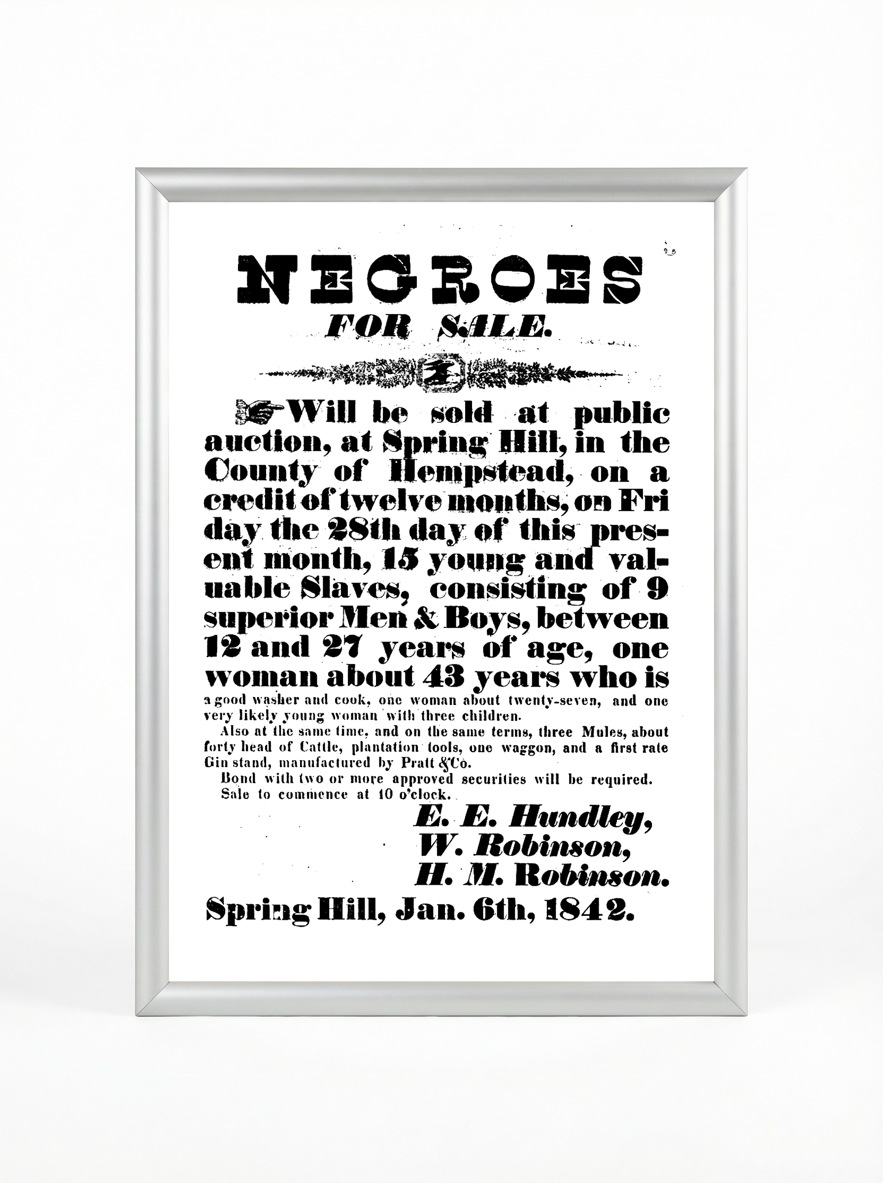 Spring Hill 1842 - Negroes for Sale Auction Broadside Historical Poster