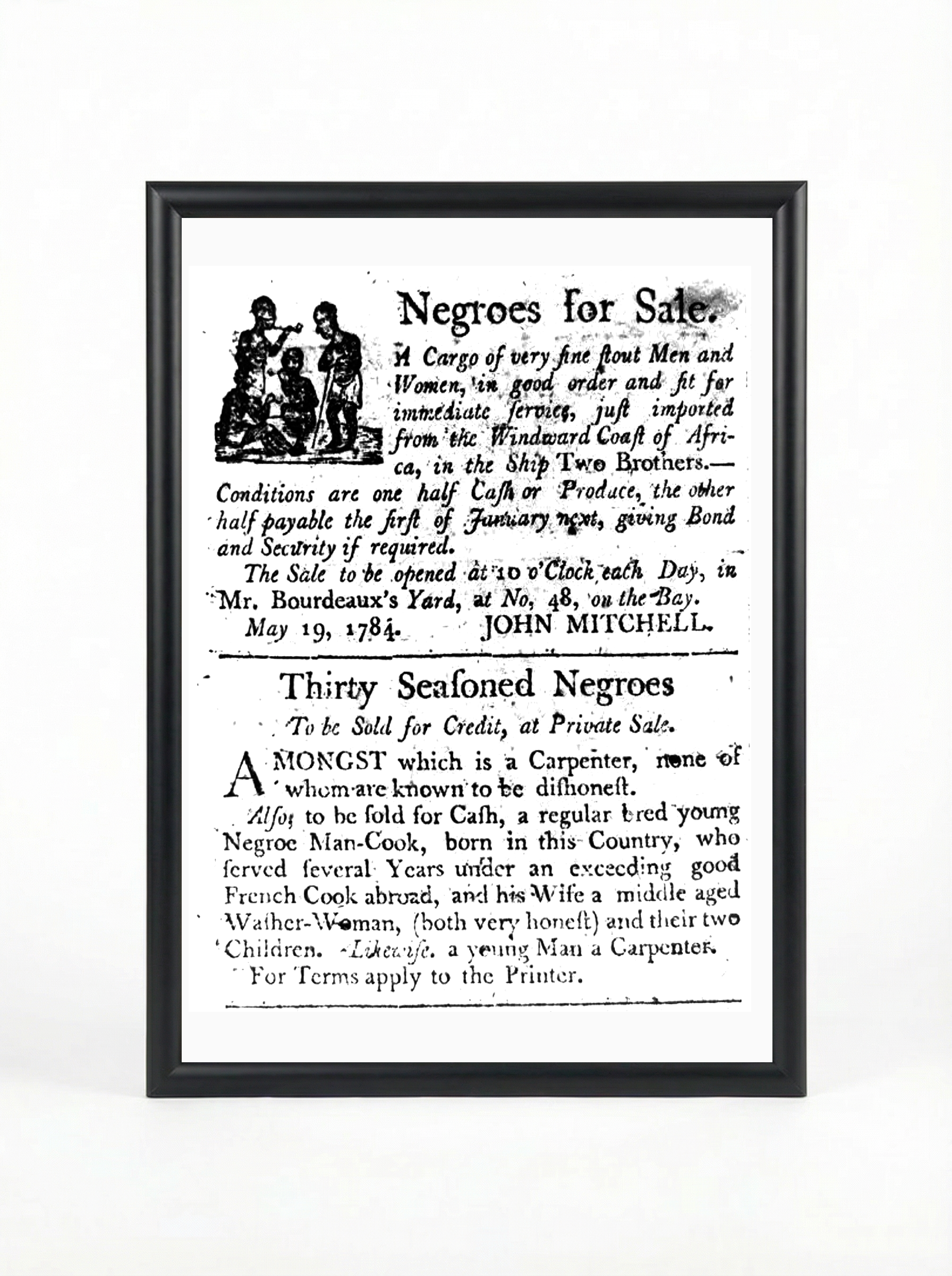 Thirty Seasoned Negroes 1784 - Colonial Slave Trade Advertisement Poster
