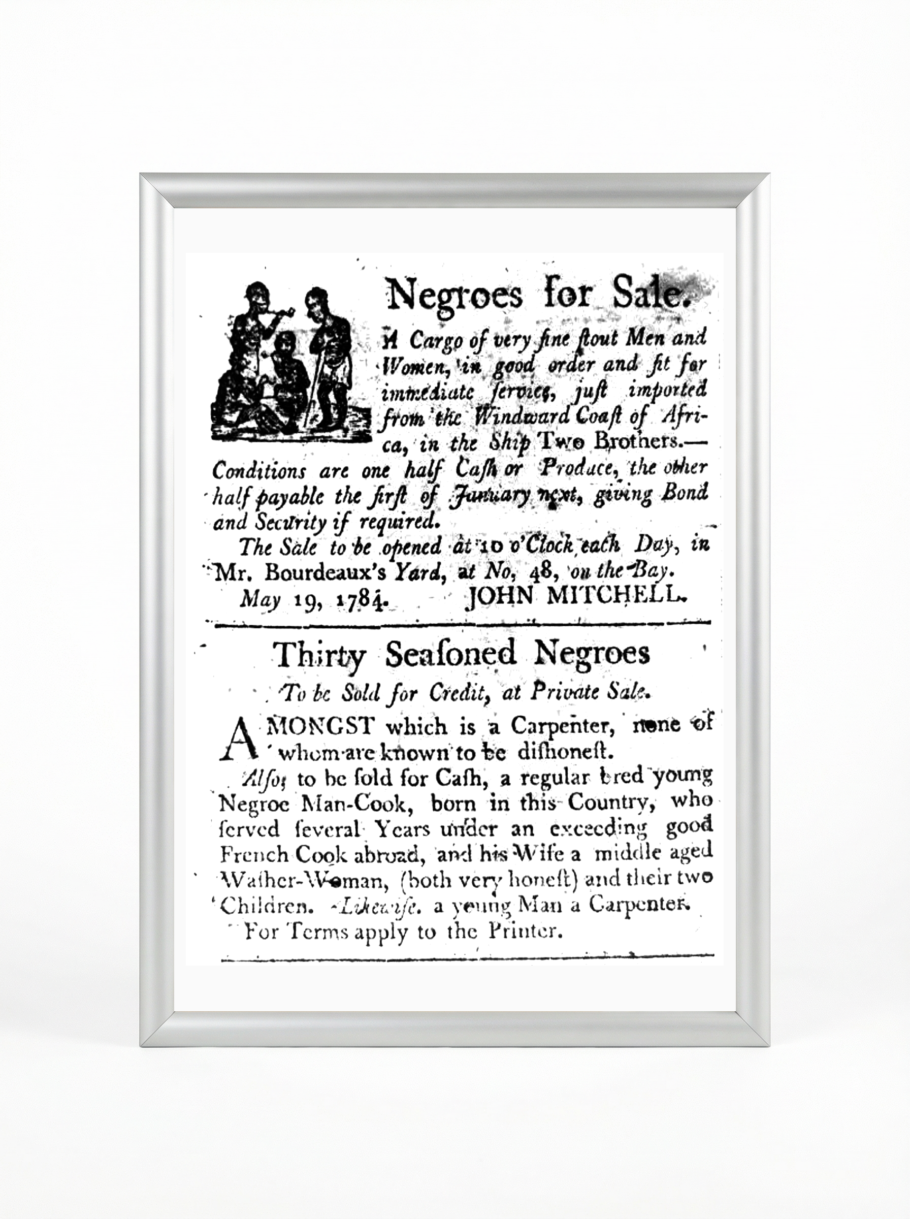 Thirty Seasoned Negroes 1784 - Colonial Slave Trade Advertisement Poster