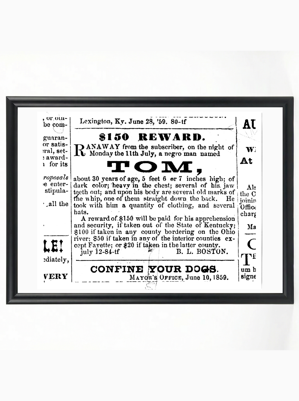 Tom - $150 Reward Runaway Slave Notice 1859 Historical Poster