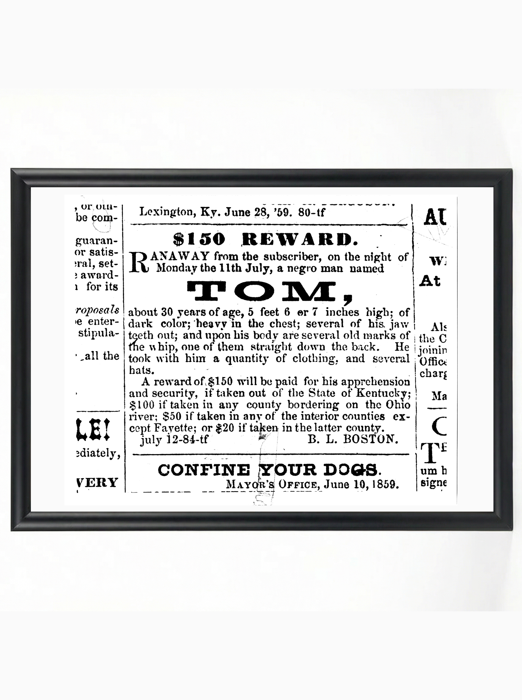 Tom - $150 Reward Runaway Slave Notice 1859 Historical Poster