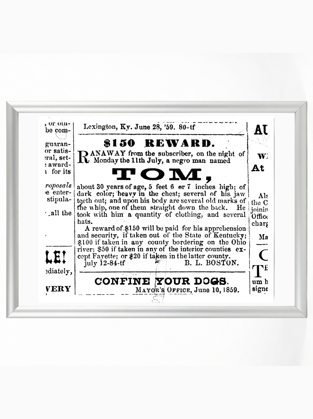 Tom - $150 Reward Runaway Slave Notice 1859 Historical Poster