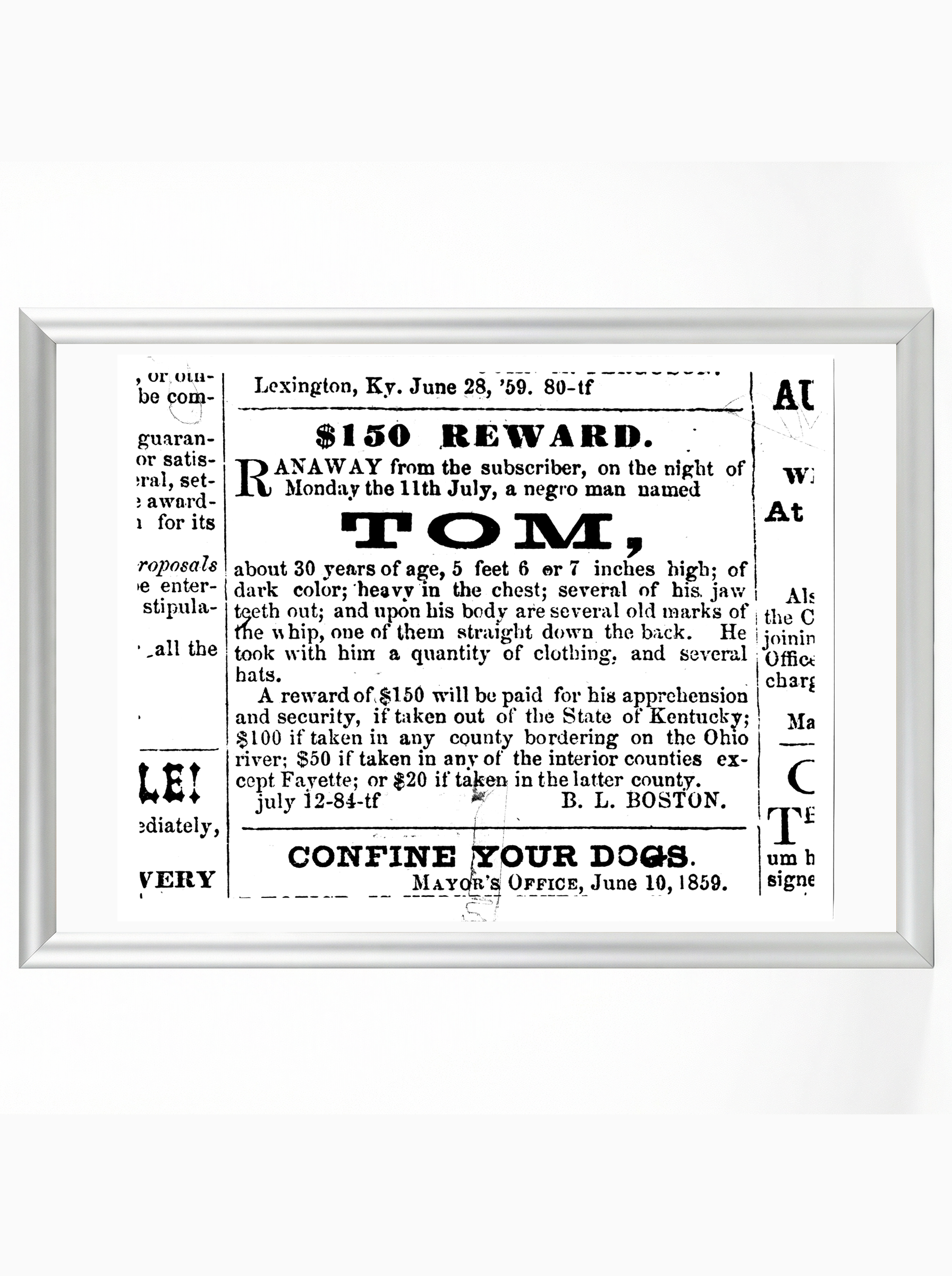 Tom - $150 Reward Runaway Slave Notice 1859 Historical Poster