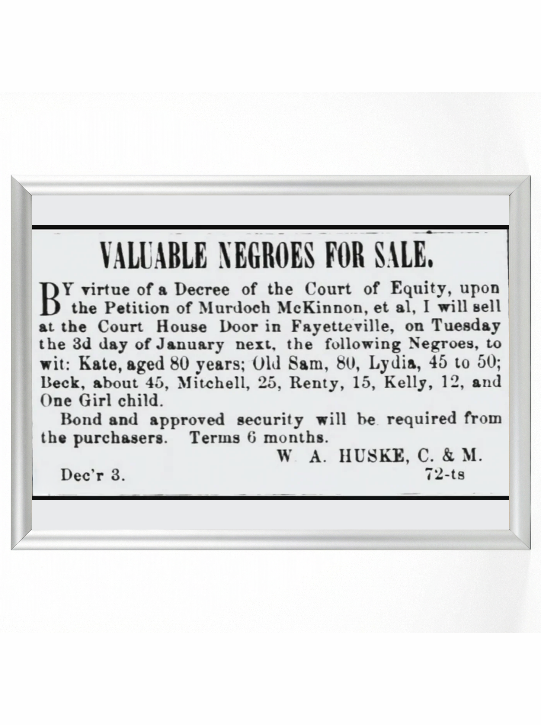 Valuable Negroes for Sale - Fayetteville Court Auction Notice Historical Poster